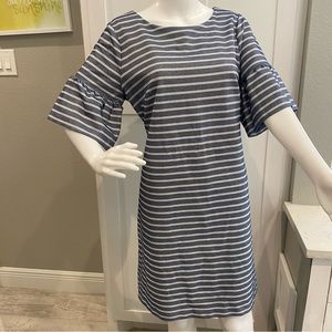 Ivanka Trump Navy and White Striped Midi Dress with Ruffled Elbow Sleeves